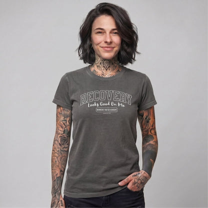 Recovery Looks Good On Me Women garment dyed Sober T Shirt flat lay styled image (view 13)
