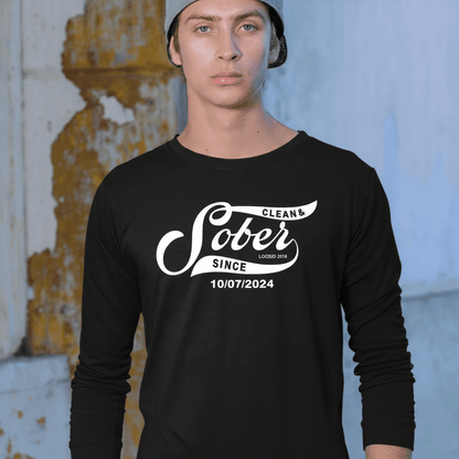 Sober Since Long Sleeve w Custom Sobriety Date Sober T Shirt close-up view (view 2)