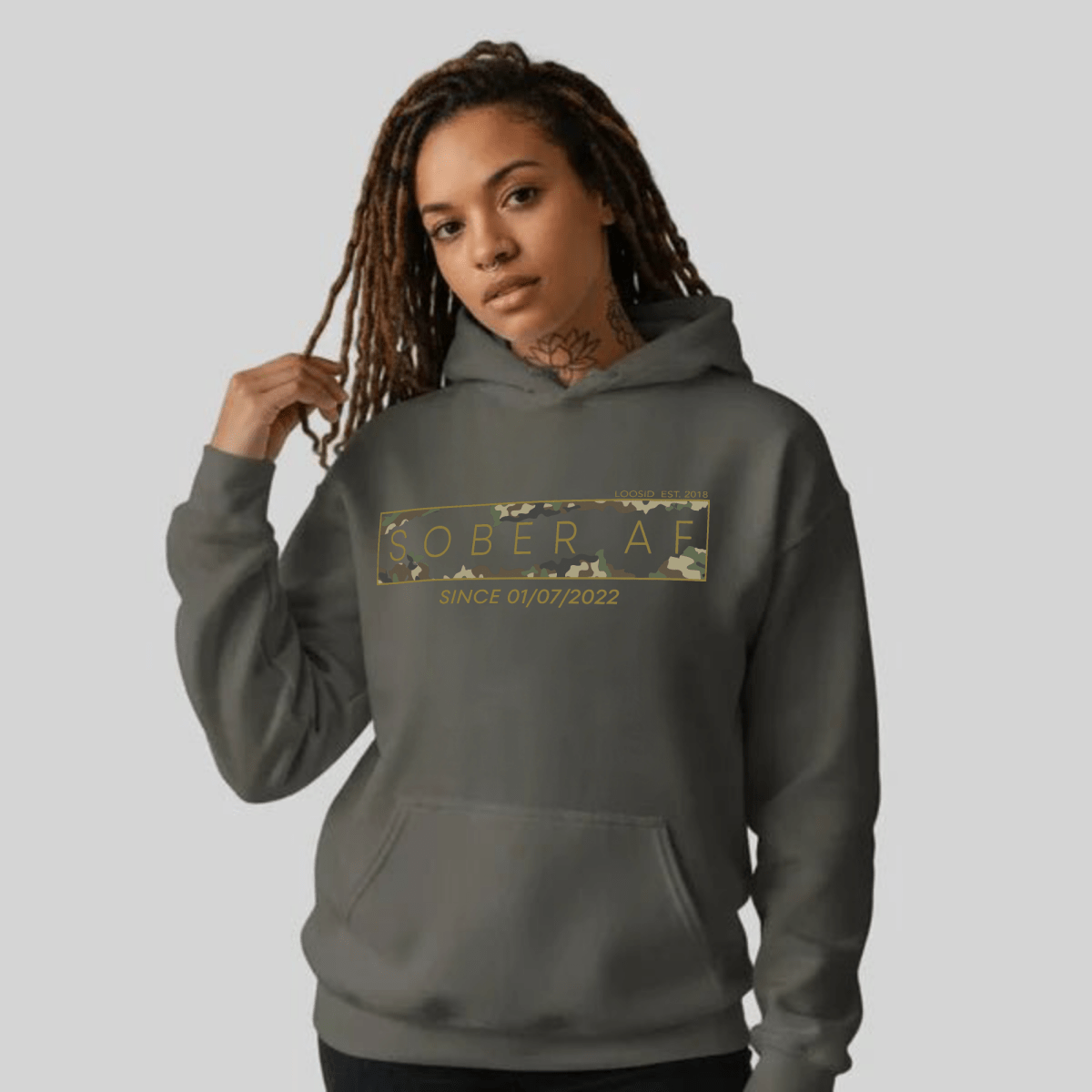 Sober AF Camo Recovery Hoodie close-up view (view 12)