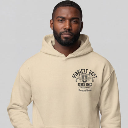 Sobriety Dept Recovery Hoodie flat lay styled image (view 43)