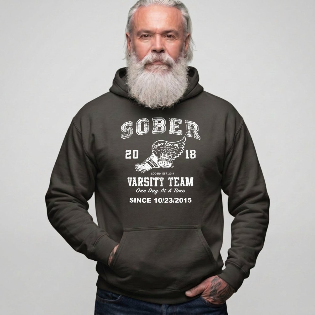 Sober Varsity Team Recovery Hoodie lifestyle view (view 5)