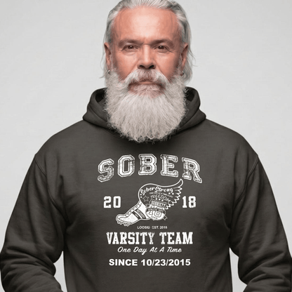 Sober Varsity Team Recovery Hoodie close-up view (view 2)