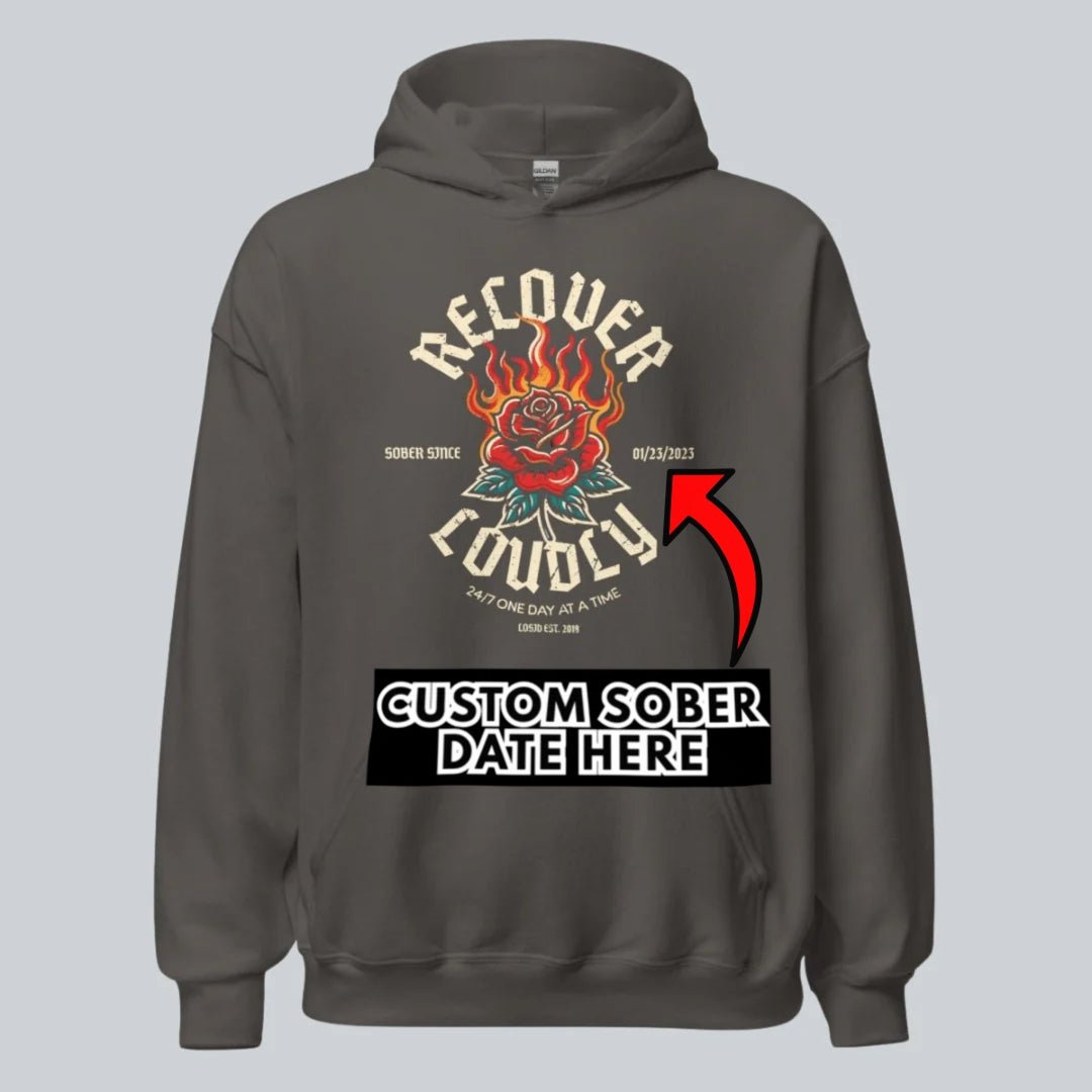 Recover Loudly Custom Sobriety Date Recovery Hoodie fit detail (view 19)