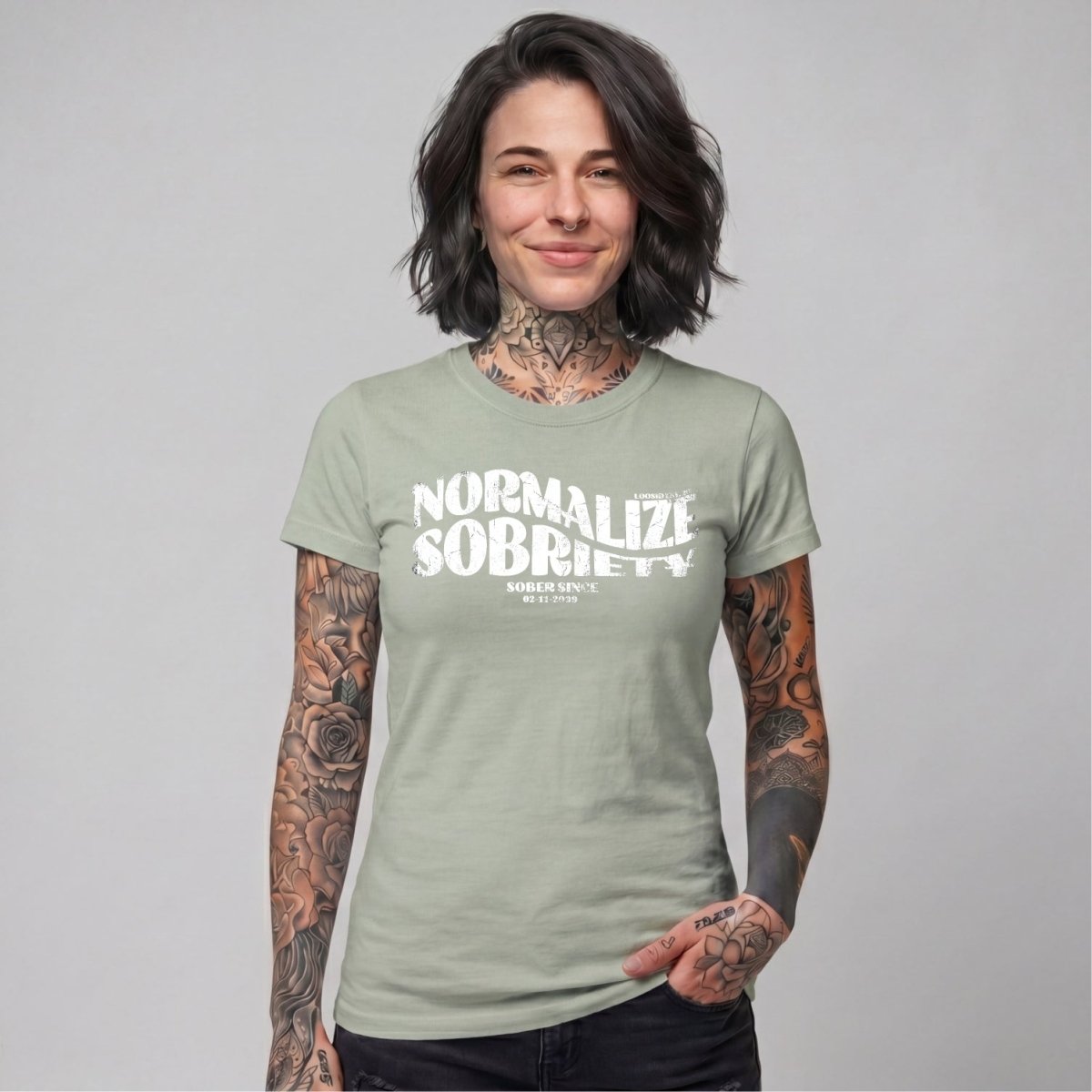 Normalize Sobriety Women garment dyed Sober T Shirt flat lay styled image (view 3)