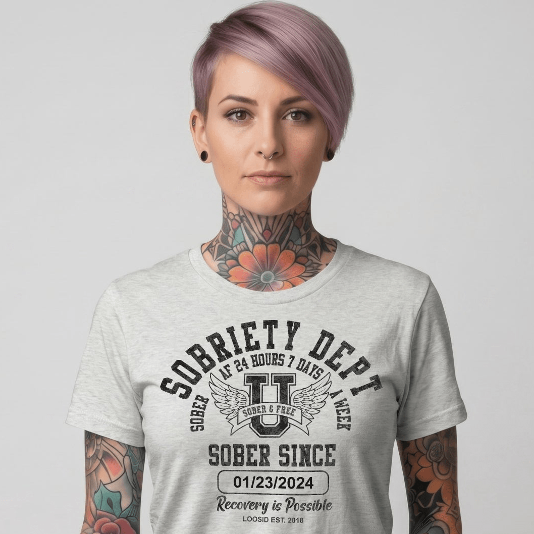 Sobriety Dept Sober T Shirt flat lay styled image (view 13)