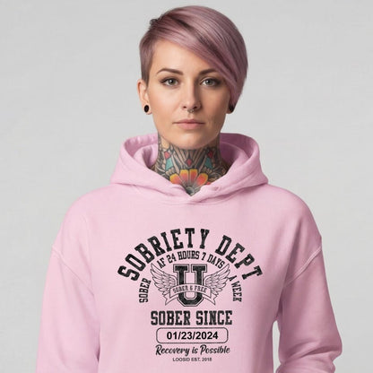 Sobriety Dept Recovery Hoodie flat lay styled image (view 33)
