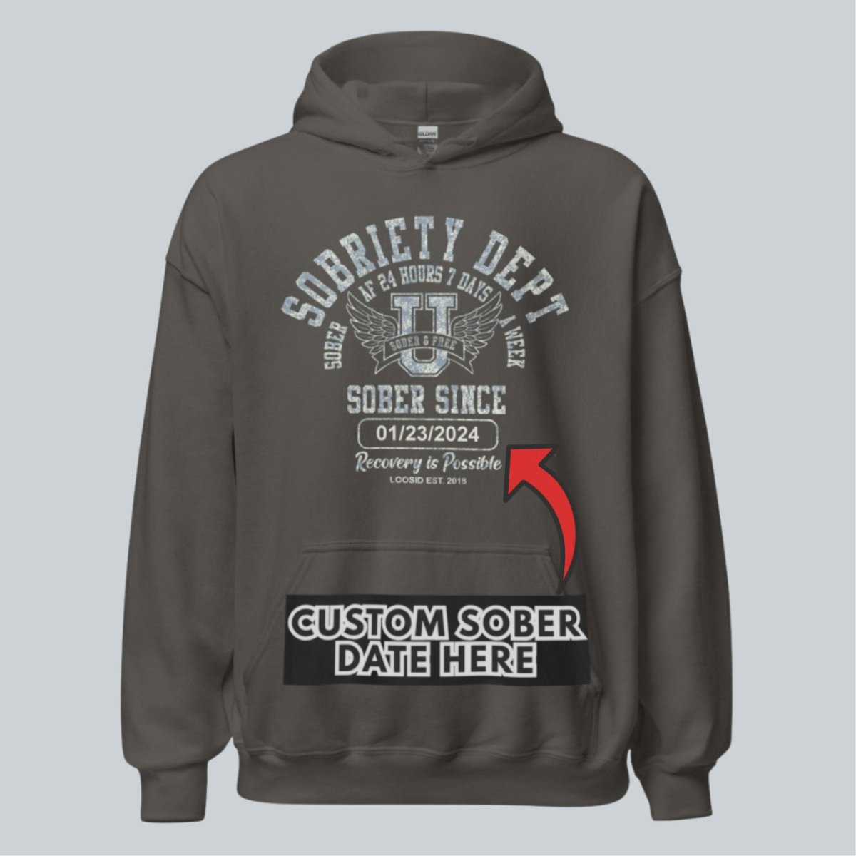 Sobriety Dept Recovery Hoodie flat lay styled image (view 23)