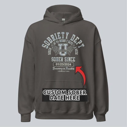 Sobriety Dept Recovery Hoodie flat lay styled image (view 23)