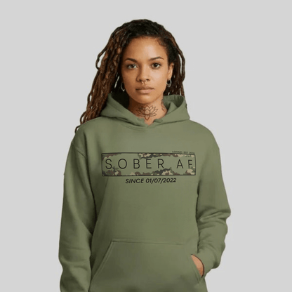 Sober AF Camo Recovery Hoodie lifestyle view (view 35)