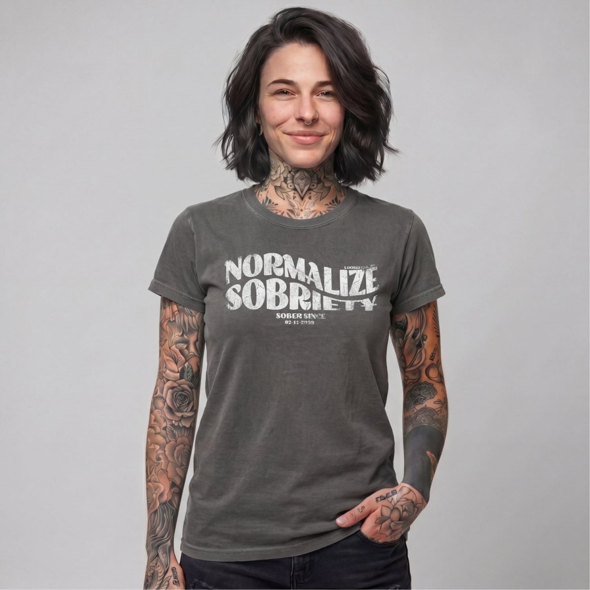 Normalize Sobriety Women garment dyed Sober T Shirt flat lay styled image (view 13)