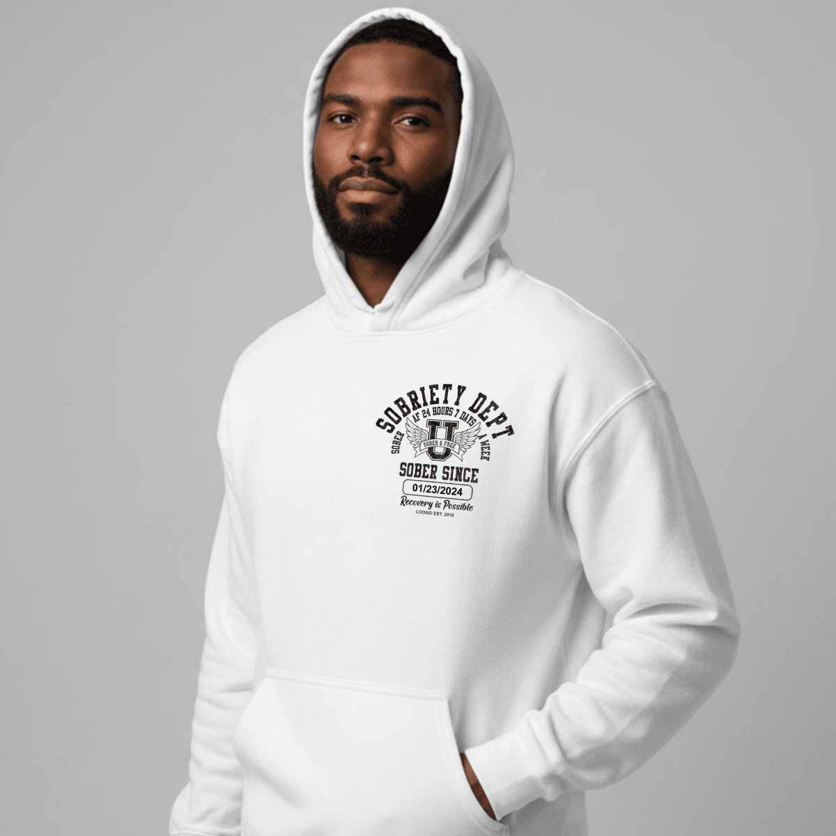 Sobriety Dept Recovery Hoodie lifestyle view (view 35)