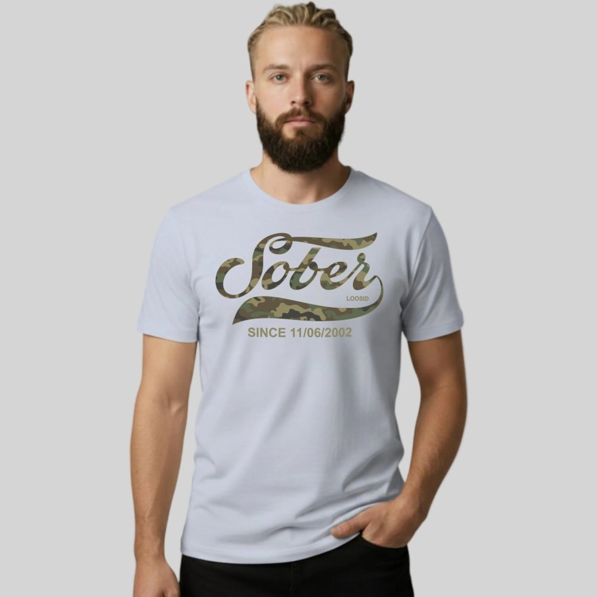 Sober Since Camo Sober T Shirt fit detail (view 19)