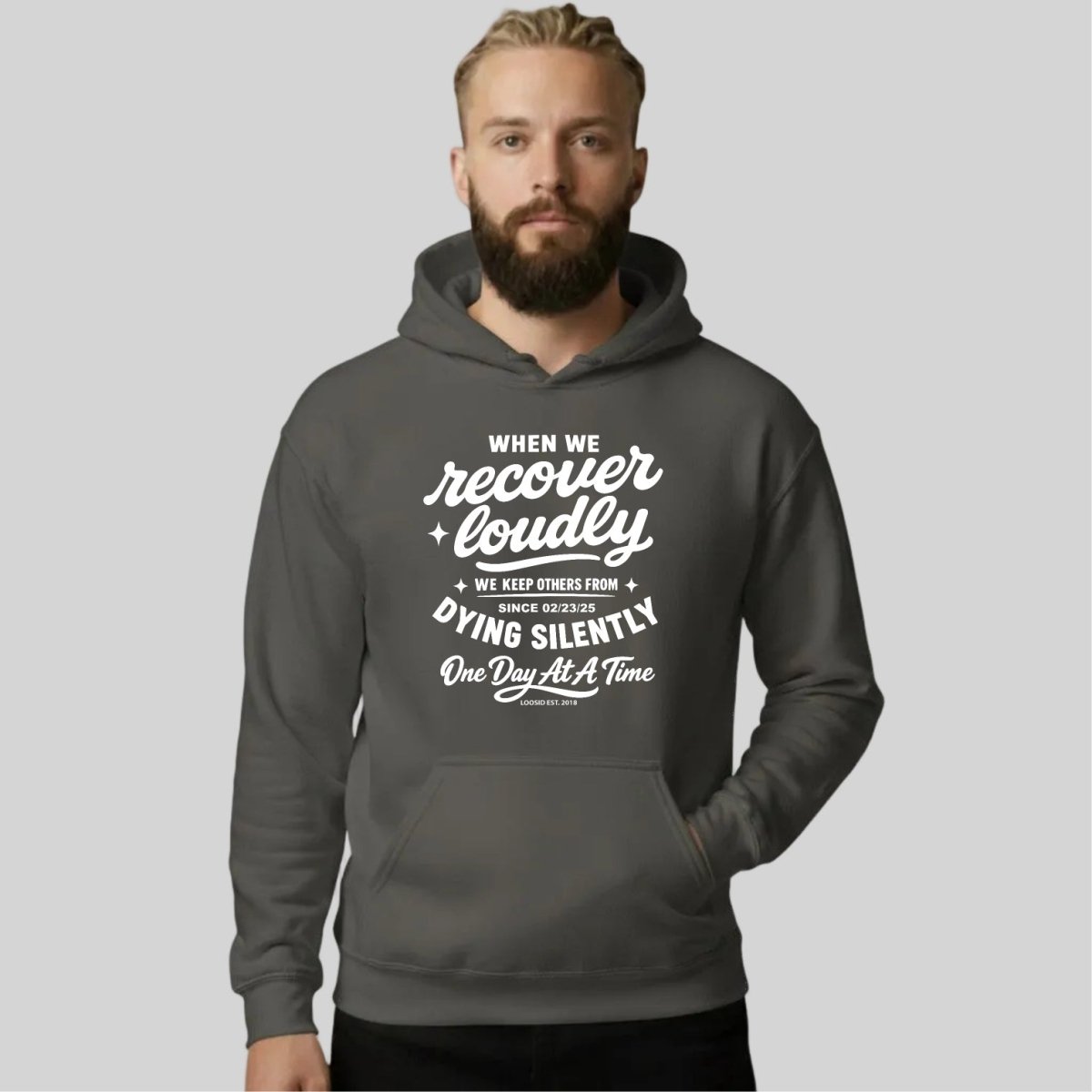 When we recover loudly Recovery Hoodie flat lay styled image (view 13)