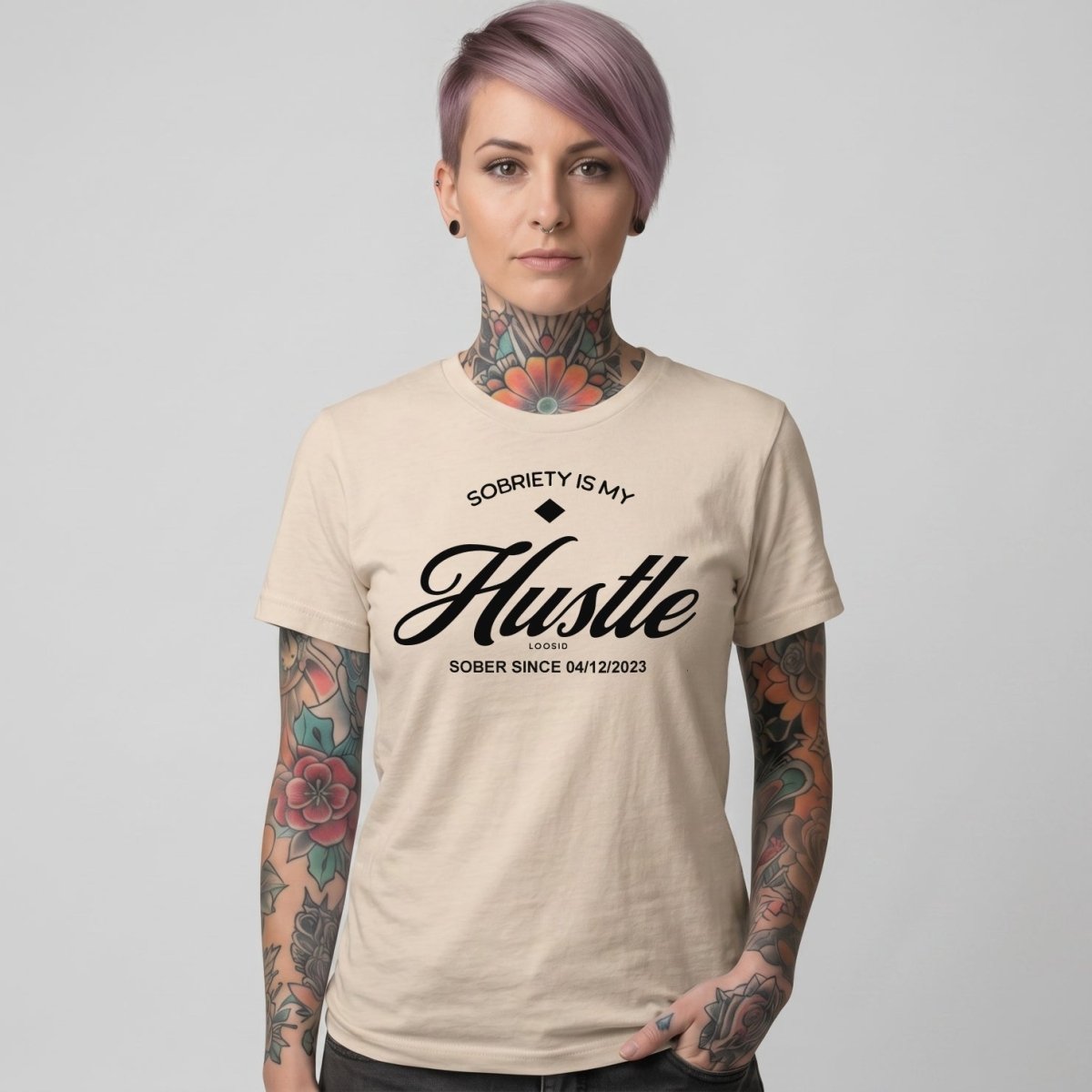 Sobriety is My Hustle Sober T Shirt flat lay styled image (view 13)