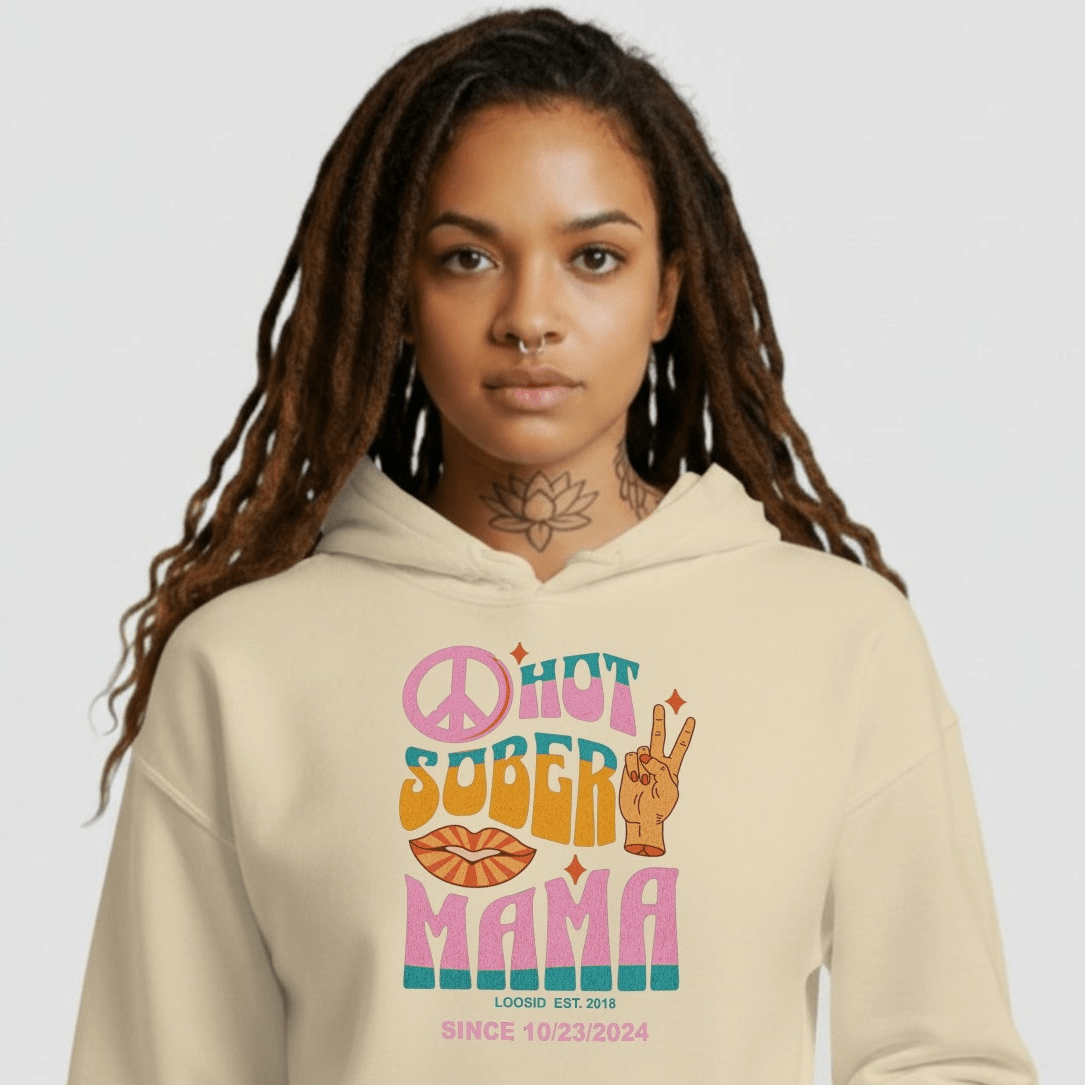 Hot Sober Mama Recovery Hoodie close-up view (view 32)