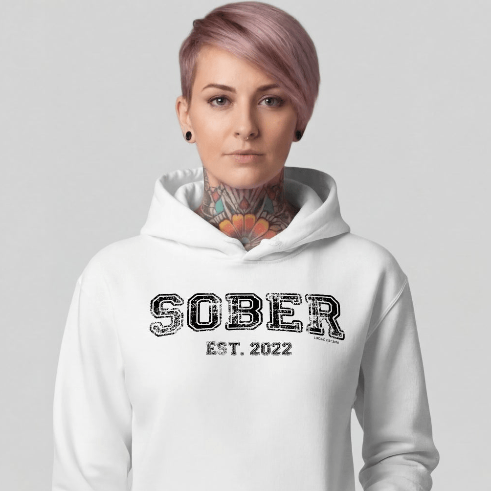 Sober Est. Hoodie w Personalized Sobriety Year Recovery Hoodie lifestyle view (view 25)
