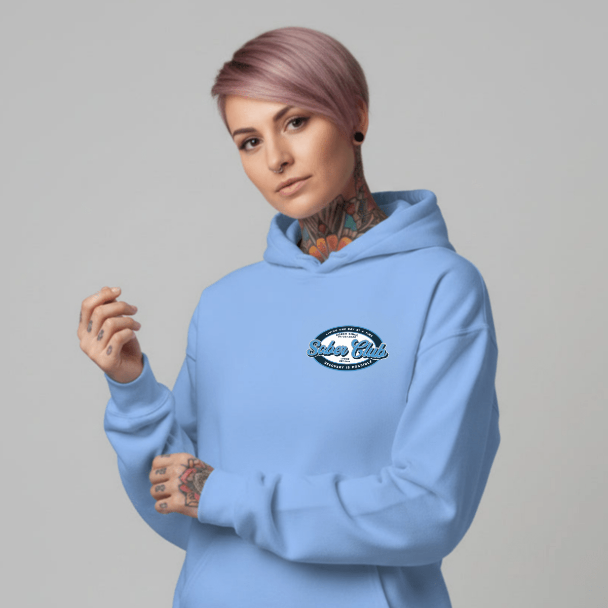 Sober Club Badge Recovery Hoodie lifestyle view (view 35)