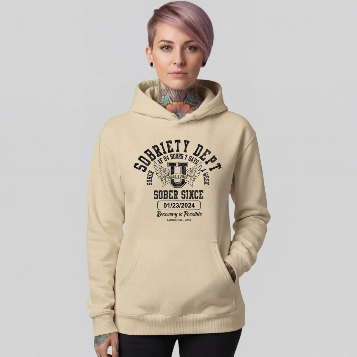 Sobriety Dept Recovery Hoodie fit detail (view 29)