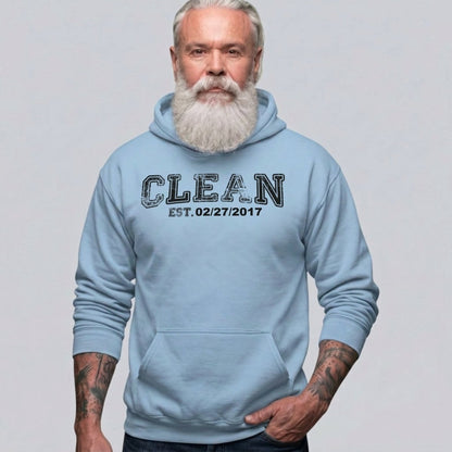 Clean Collegiate Hoodie W Personalize Recovery Date Recovery Hoodie fit detail (view 19)