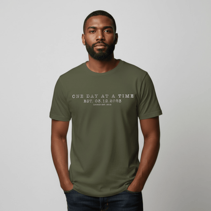 One Day At a Time Sober T Shirt flat lay styled image (view 13)