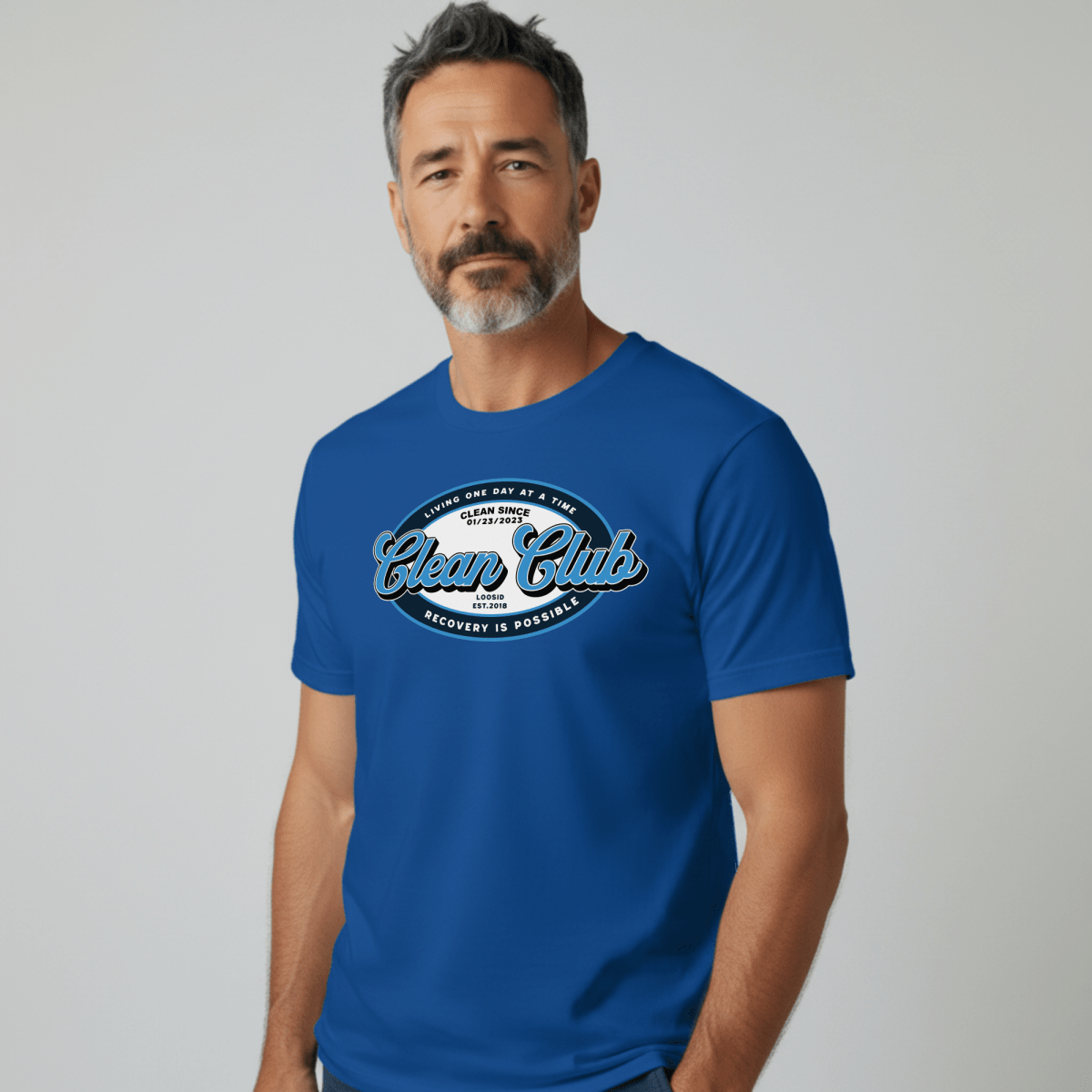 Clean Club Badge Unisex with Custom Recovery Sober T Shirt side view (view 16)