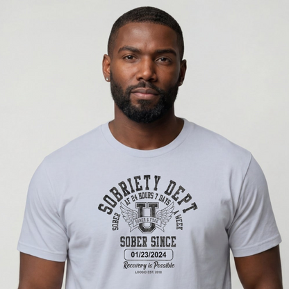 Sobriety Dept Men's T-Shirt with Custom Sobriety Date