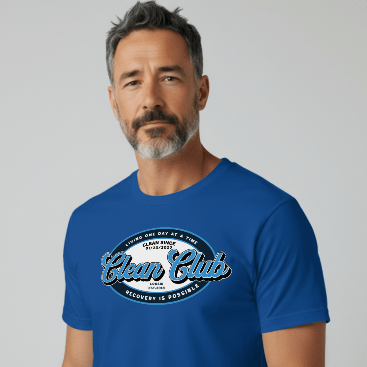 Clean Club Badge Unisex with Custom Recovery Sober T Shirt lifestyle view (view 15)