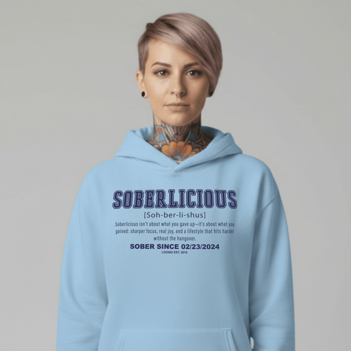 Soberlicious Definition Hoodie w Custom Sobriety Date Recovery Hoodie fit detail (view 9)