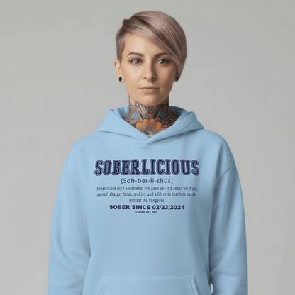 Soberlicious Definition Hoodie w Custom Sobriety Date Recovery Hoodie fit detail (view 9)