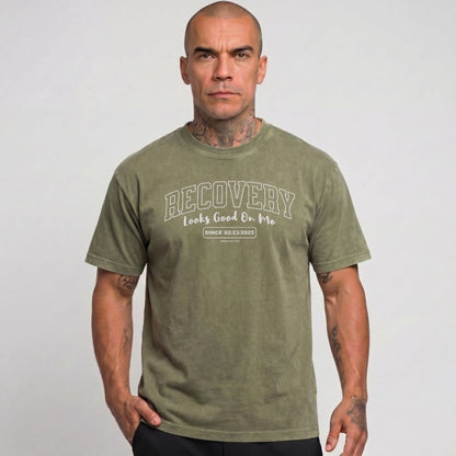 Recovery Looks Good On You Unisex garment dyed Sober T Shirt graphic detail (view 14)