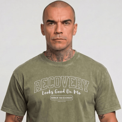 Recovery Looks Good On You Unisex garment dyed Sober T Shirt flat lay styled image (view 13)