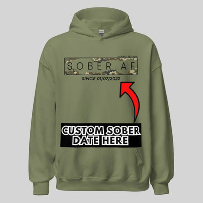 Sober AF Camo Recovery Hoodie flat lay styled image (view 33)