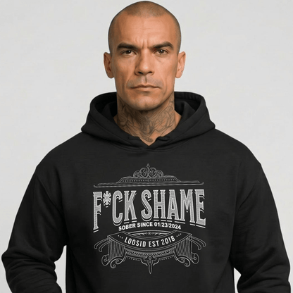 F*ck Shame Recovery Hoodie close-up view (view 2)