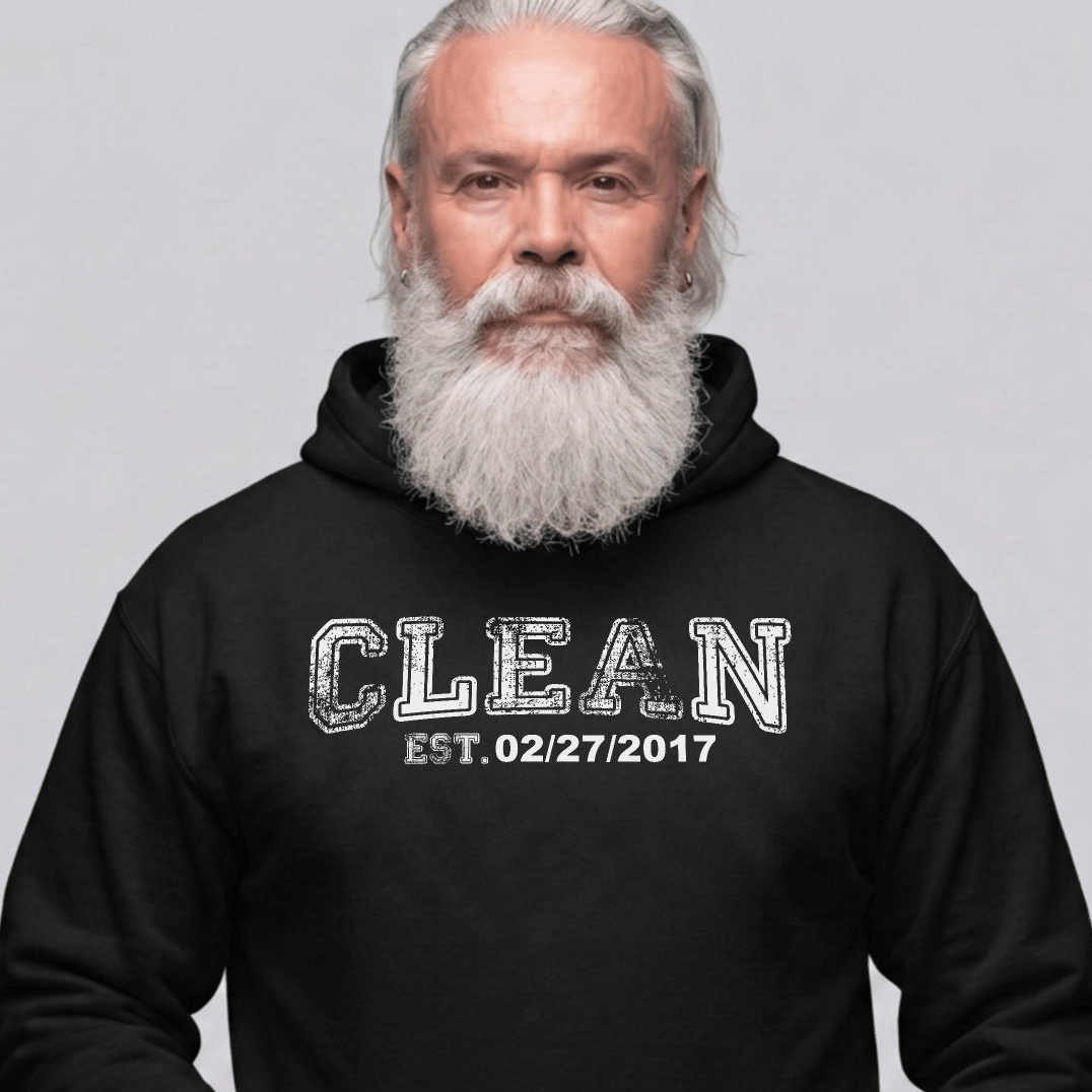 Clean Collegiate Hoodie W Personalize Recovery Date Recovery Hoodie side view (view 6)