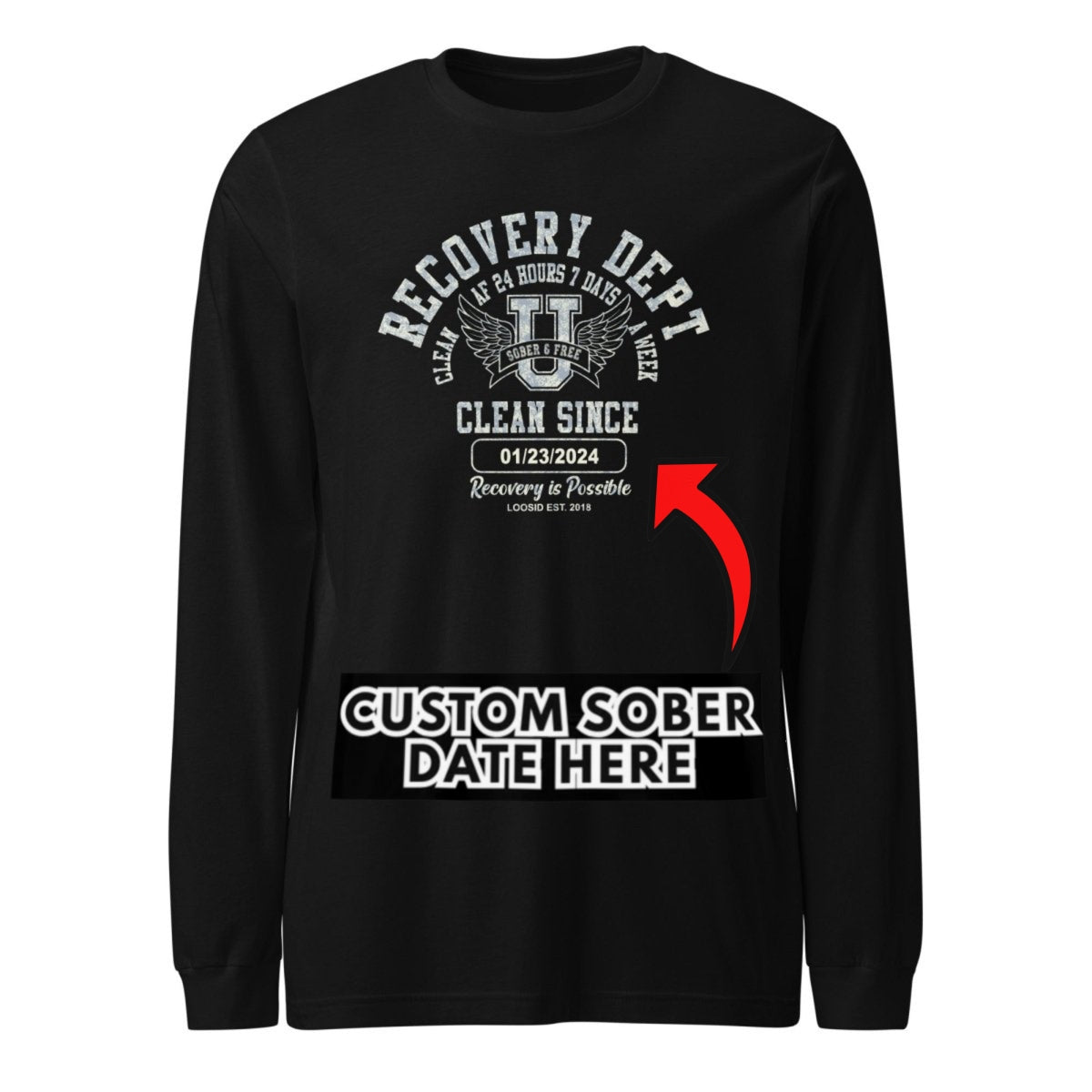 Recovery Dept Clean AF 24 7 Long Sleeve Sober T Shirt graphic detail (view 4)