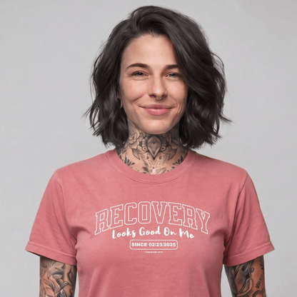 Recovery Looks Good On Me Women garment dyed Sober T Shirt close-up view (view 2)
