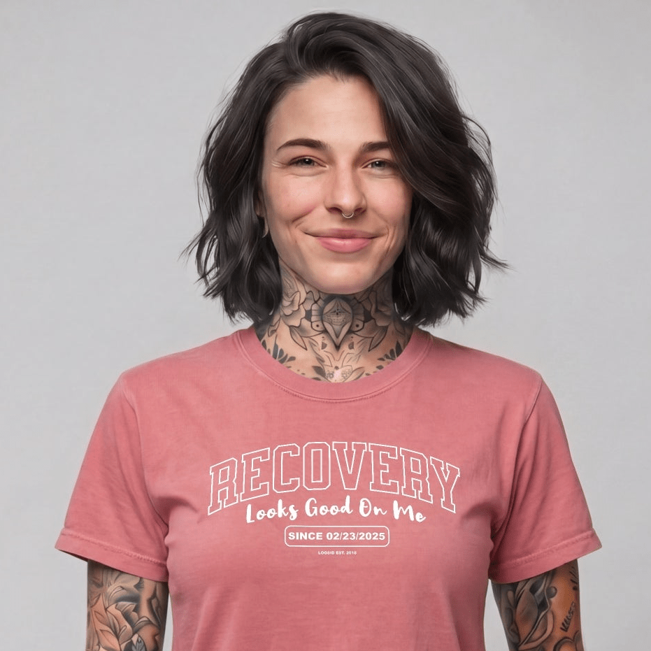 Recovery Looks Good On Me Women garment dyed Sober T Shirt close-up view (view 2)