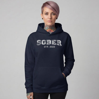 Sober Est. Hoodie w Personalized Sobriety Year Recovery Hoodie fit detail (view 9)