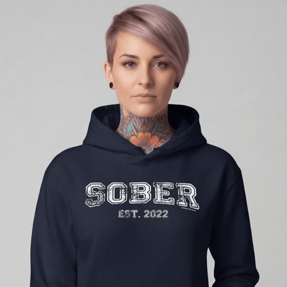 Sober Est. Hoodie w Personalized Sobriety Year Recovery Hoodie back view (view 7)