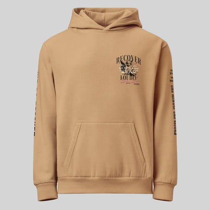Recover Loudly Tan Recovery Hoodie Limited Edition Recovery Hoodie lifestyle view (view 5)