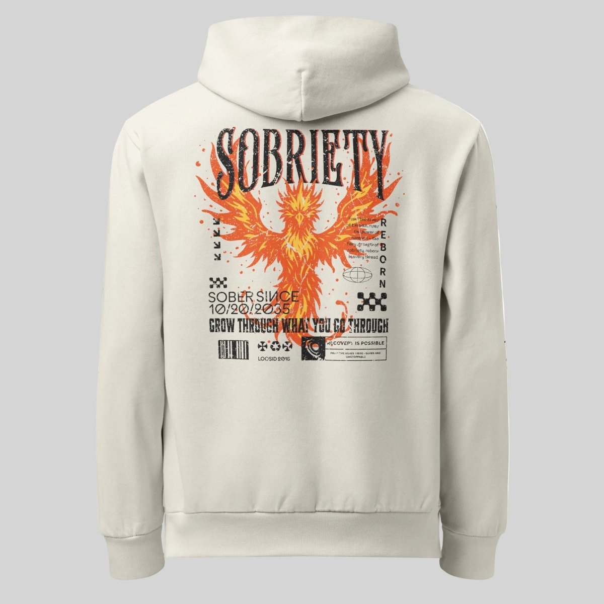 Cream Phoenix Reborn Recovery Hoodie ULTRA Premium Garment Dyed Recovery Hoodie flat lay styled image (view 3)