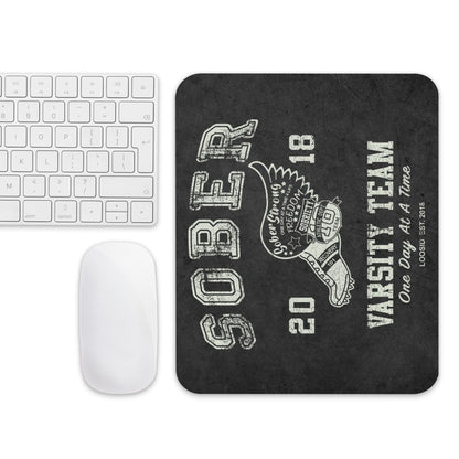 Sober Varsity Recovery Mouse Pad flat lay styled image (view 3)