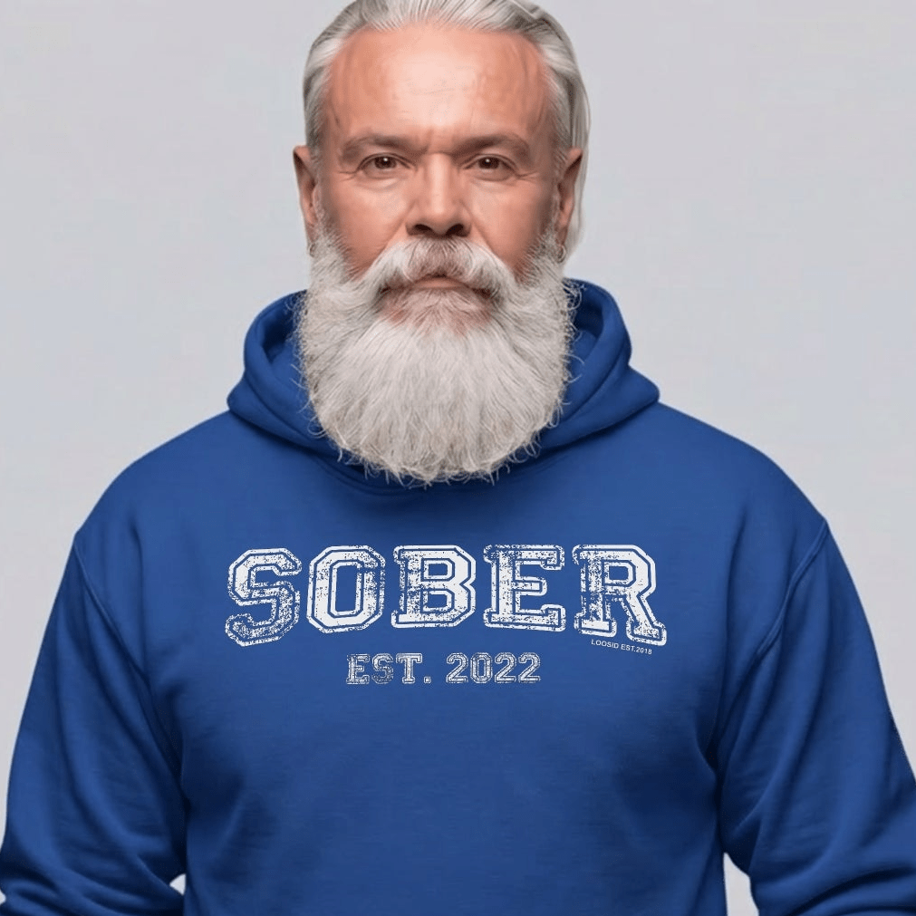 Sober Est. Hoodie w Personalized Sobriety Year Recovery Hoodie fit detail (view 9)