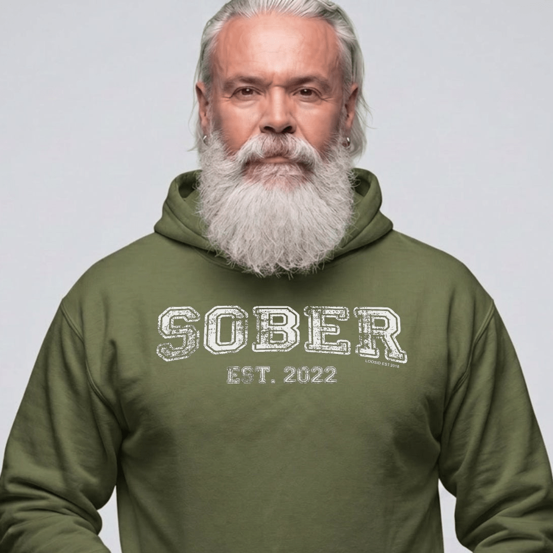 Sober Est. Hoodie w Personalized Sobriety Year Recovery Hoodie close-up view (view 12)