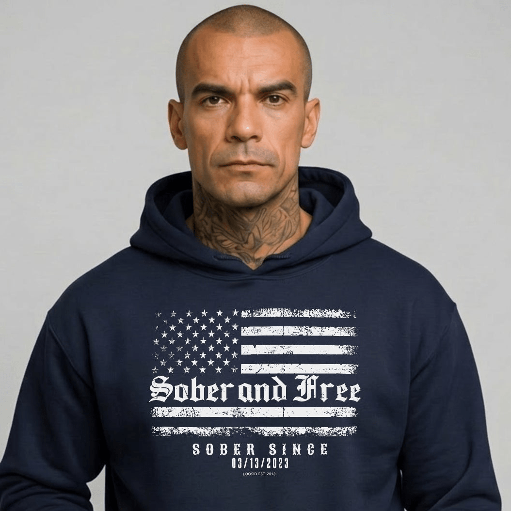 Sober and Free Custom Sobriety Date Recovery Hoodie fit detail (view 9)