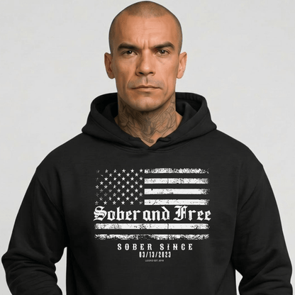 Sober and Free Custom Sobriety Date Recovery Hoodie close-up view (view 2)