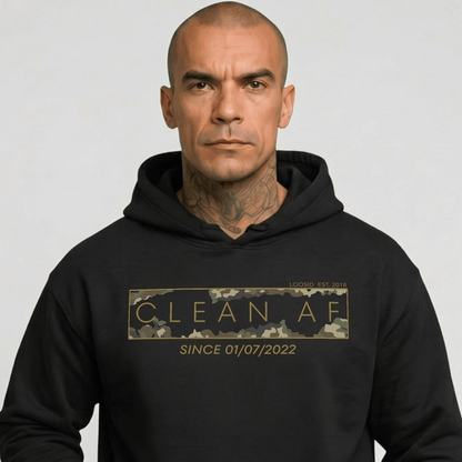 Clean AF Camo Recovery Hoodie close-up view (view 2)