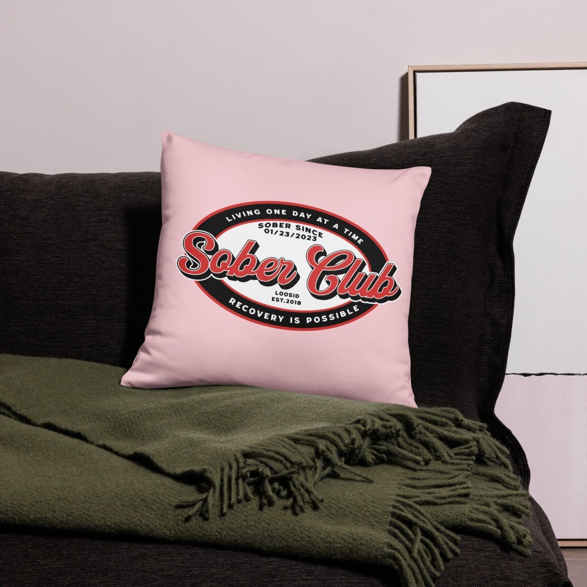 Sober Club Badge Sober Pillow flat lay styled image (view 3)