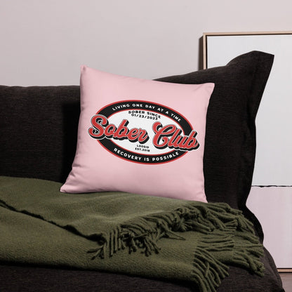 Sober Club Badge Sober Pillow flat lay styled image (view 3)