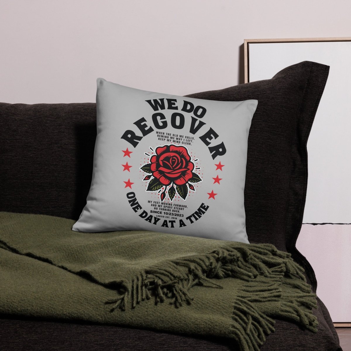We Do Recover Sober Pillow flat lay styled image (view 3)